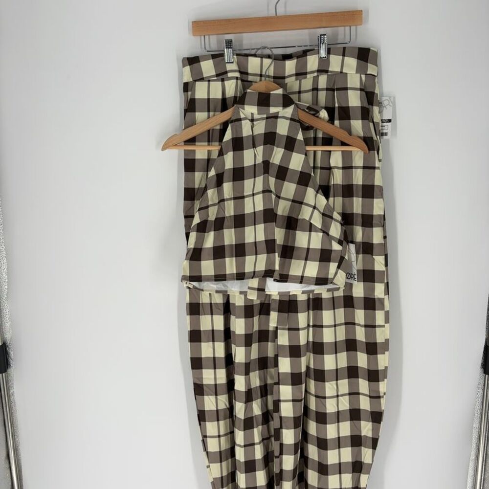FLORE Beige-Brown Plaid Halter Crop Top and Pants Set